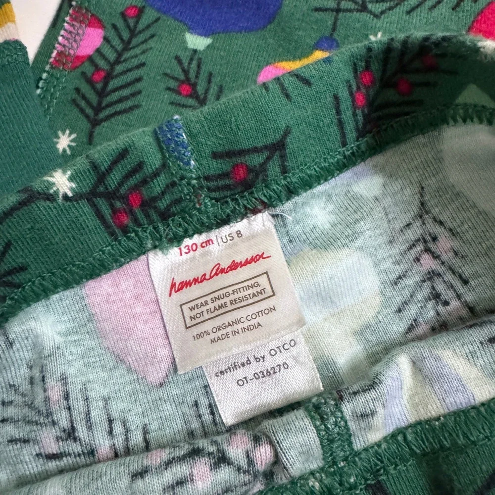 Hanna Andersson Pajama Set Size 8 Green Christmas Ornament Organic Cotton PJ Set